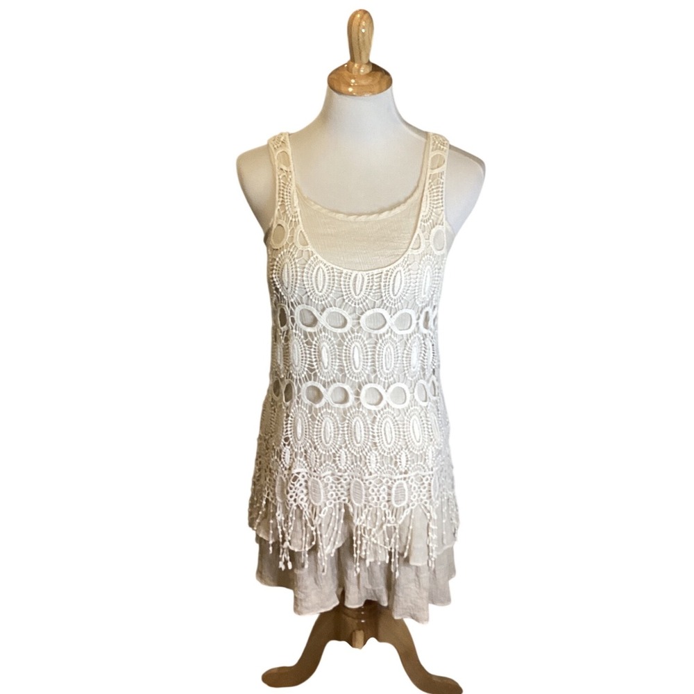 Indigo Soul Crochet Layered Tank Dress Cream Lace‎ Fringe Tunic M